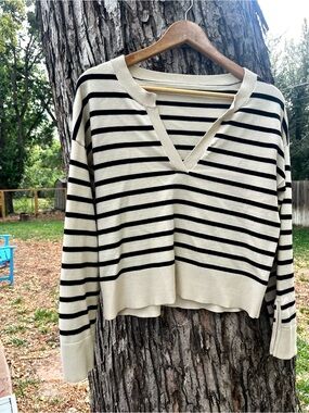 French Striped V-Neck Cotton-Blend Sweater in Cream and Black